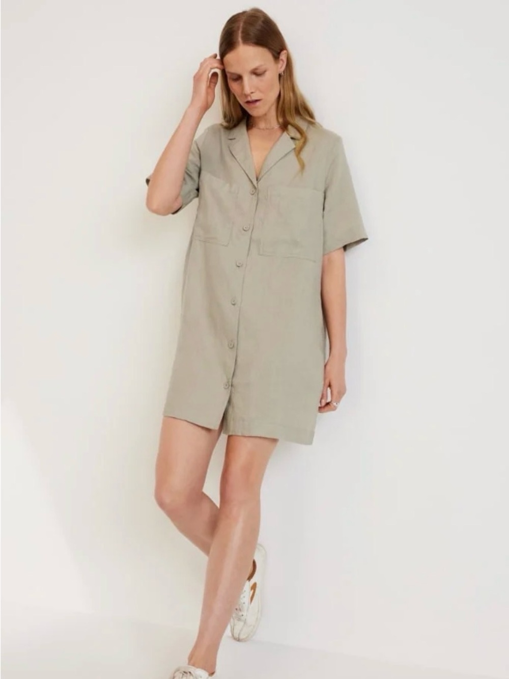Everlane Linen Short-Sleeve Button-Up Shirt Dress - Taupe